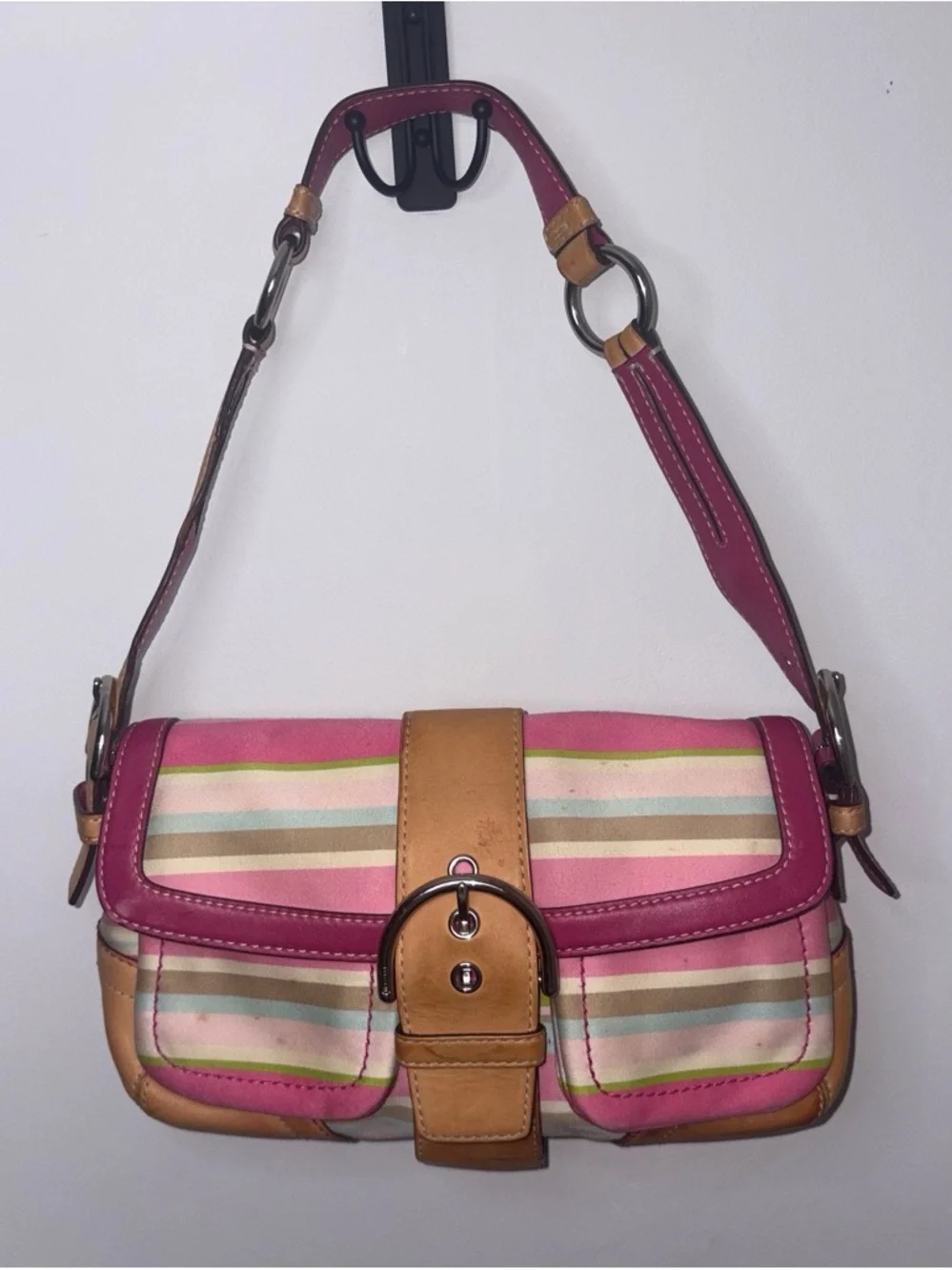 Vintage Coach pastel rainbow stripe Hamptons flap shoulder bag 1886